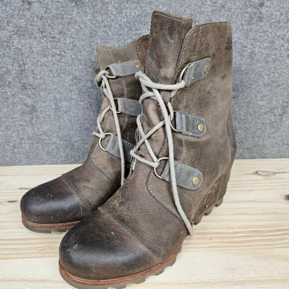 Sorel Joan of Arctic Brown Leather Wedge Boots 9.5 - Picture 4 of 8